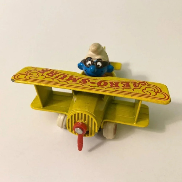 Vintage 1982 ERTL Smurfs Diecast Aero Smurf Yellow Plane Toy Hong Kong - Picture 4 of 12